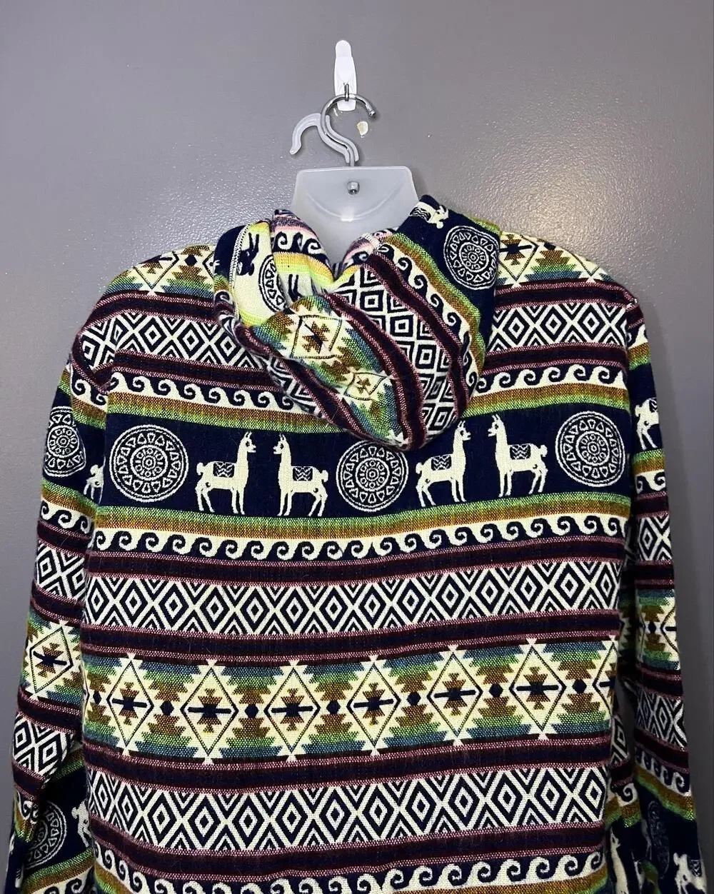 Llama Alpaca Sweater Mens XL Wool Blue Hooded Full Zip Knit Ecuador Tribal